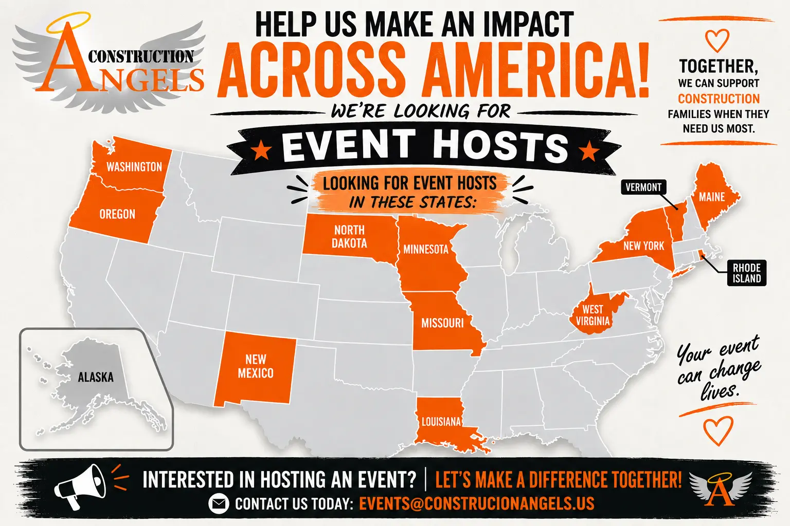 Construction Angels Help Us Make an Impact Across America event host campaign with highlighted states