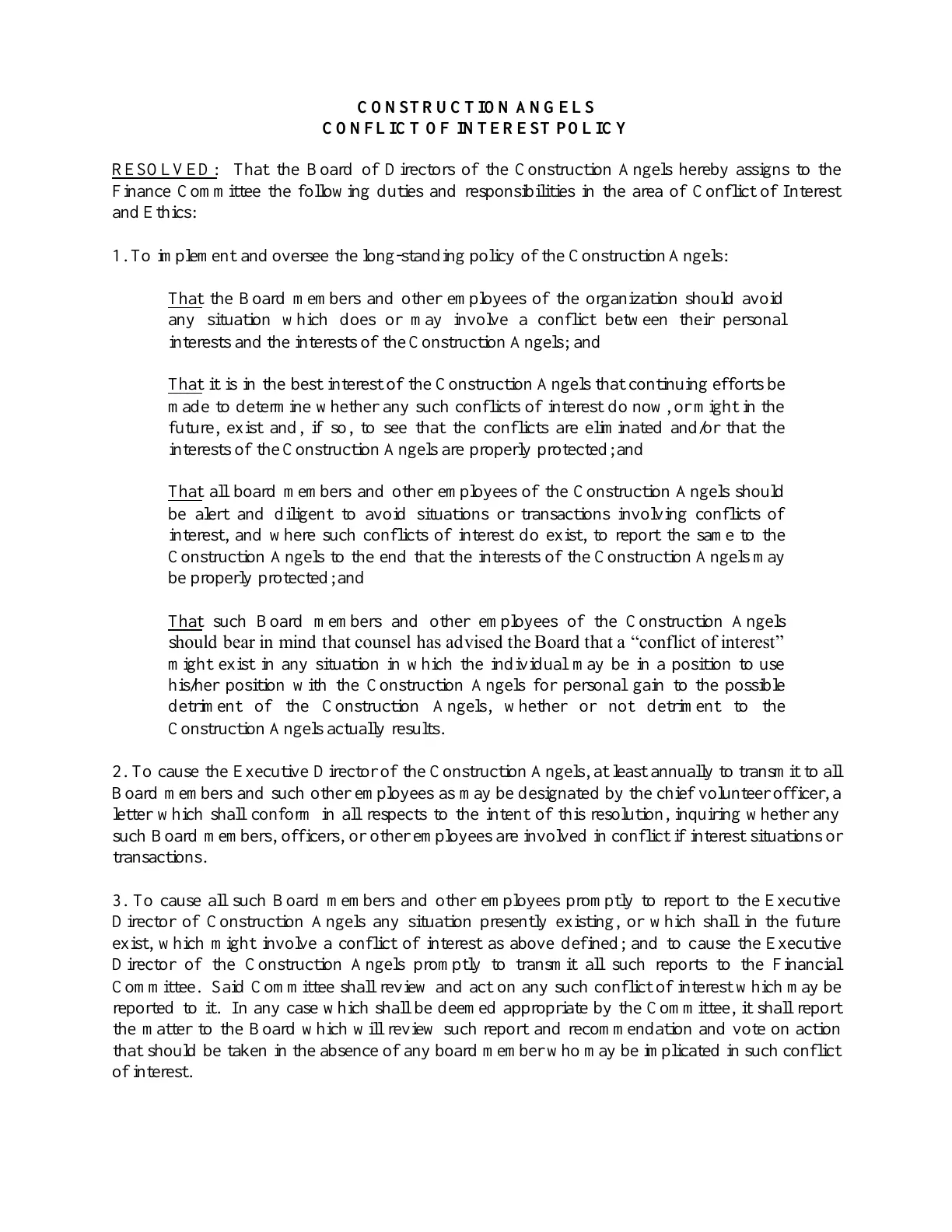 Page 1 of the official Construction Angels Conflict of Interest Policy