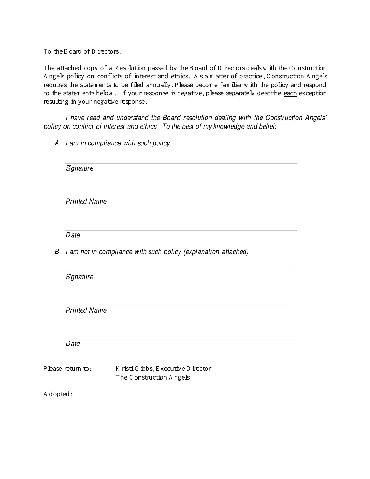 Page 2 of the official Construction Angels Conflict of Interest Policy