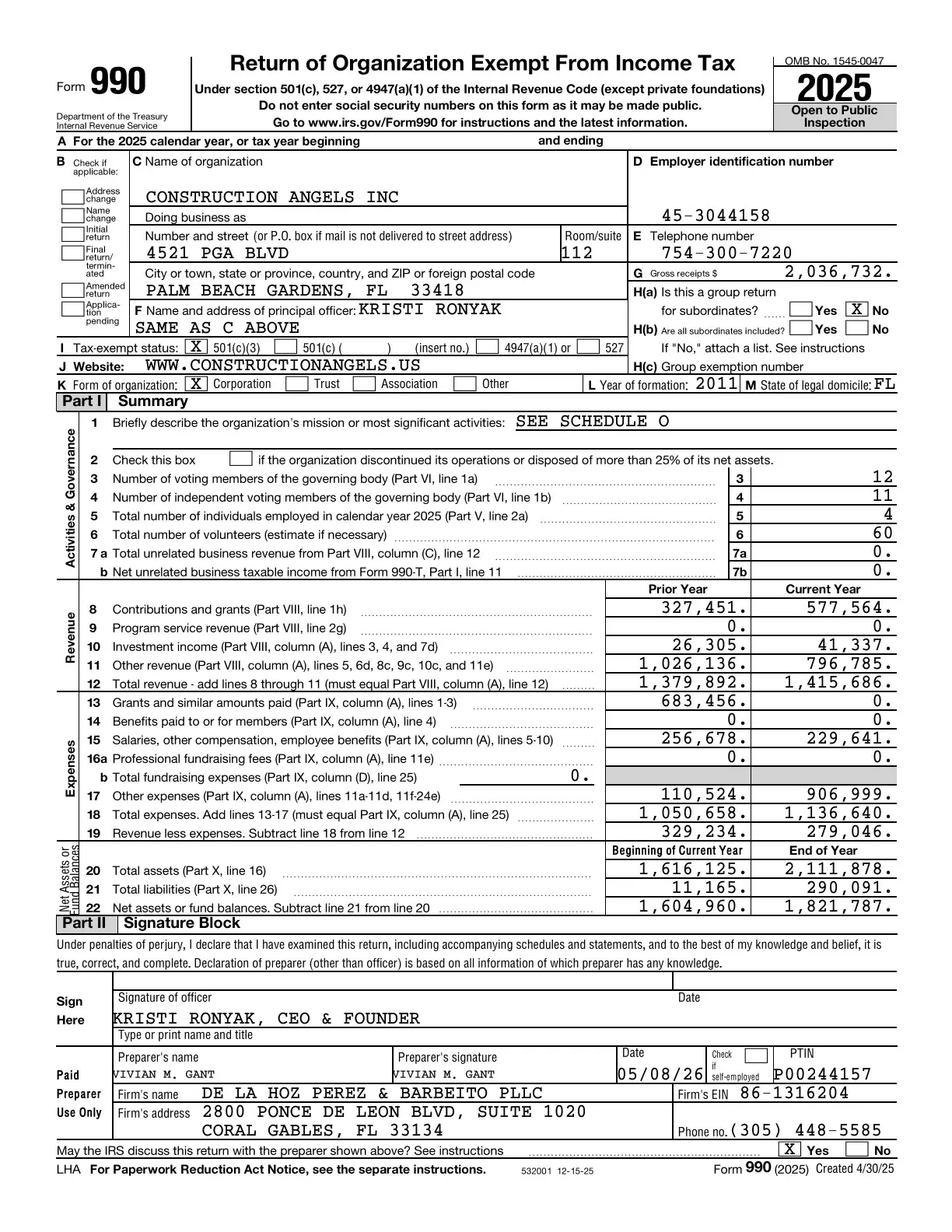 Page 1 of the Construction Angels 2025 Form 990