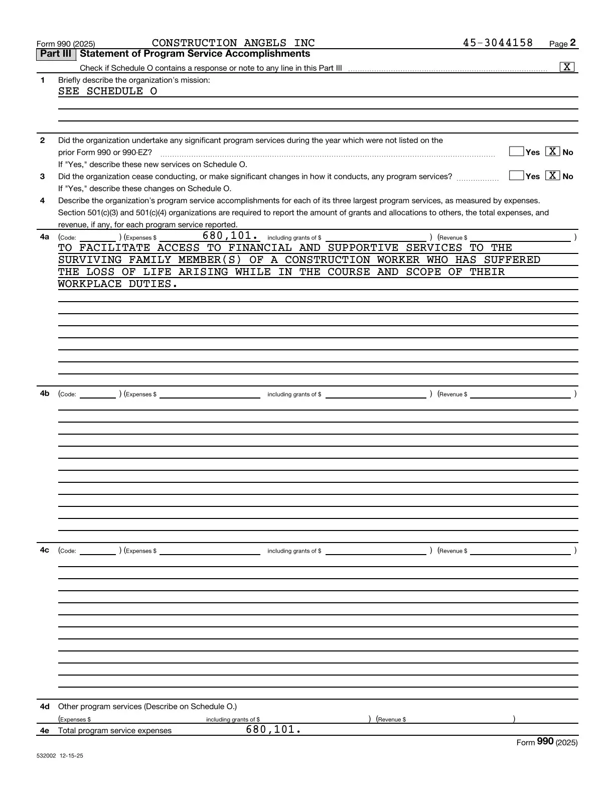 Page 2 of the Construction Angels 2025 Form 990