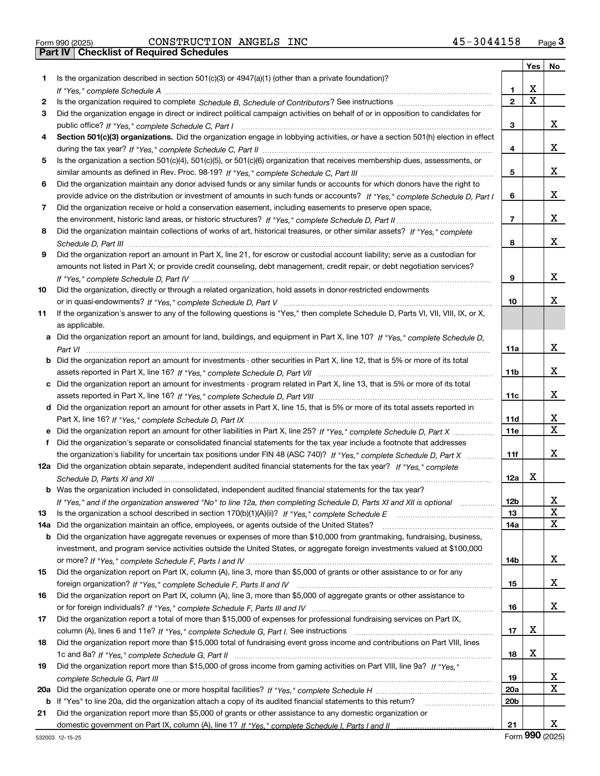Page 3 of the Construction Angels 2025 Form 990