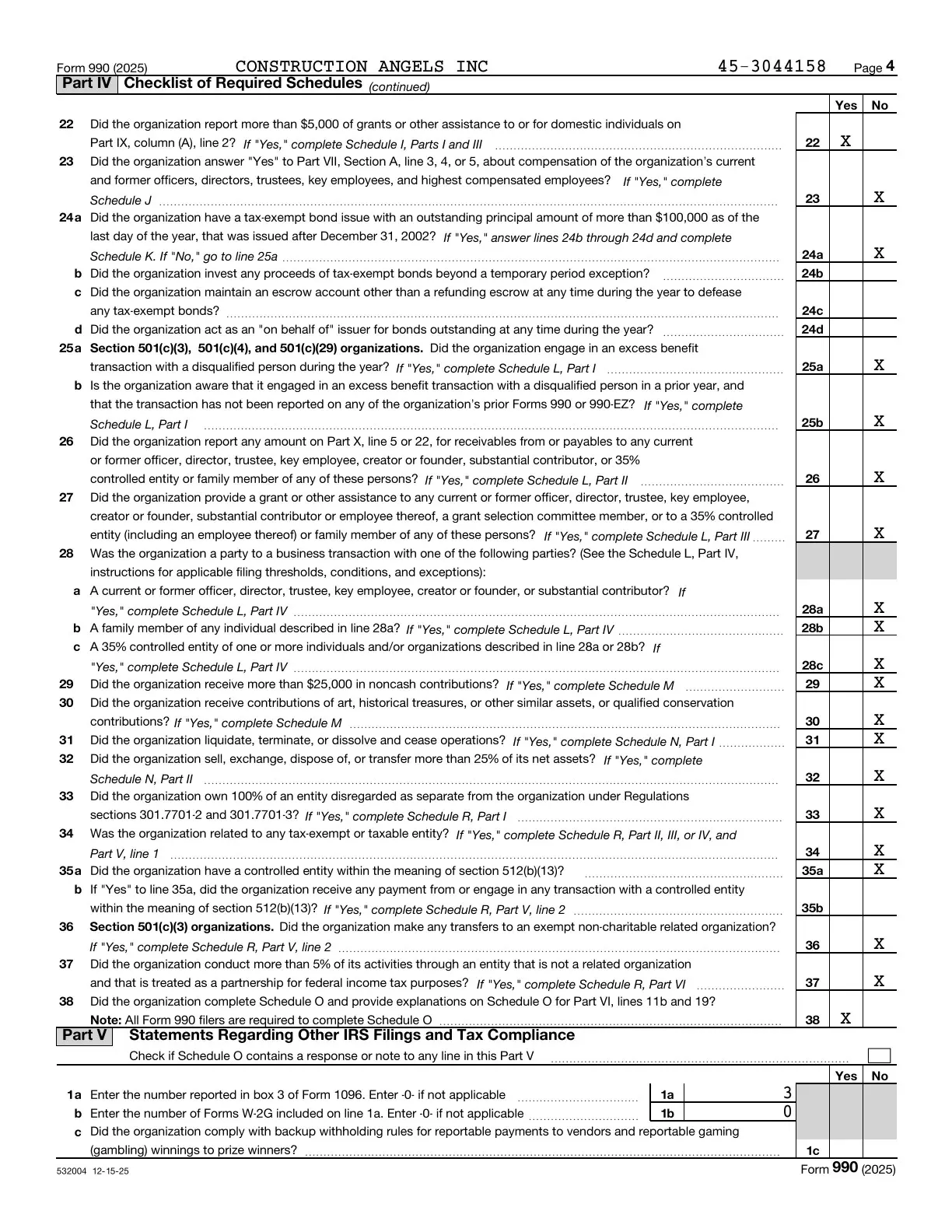 Page 4 of the Construction Angels 2025 Form 990