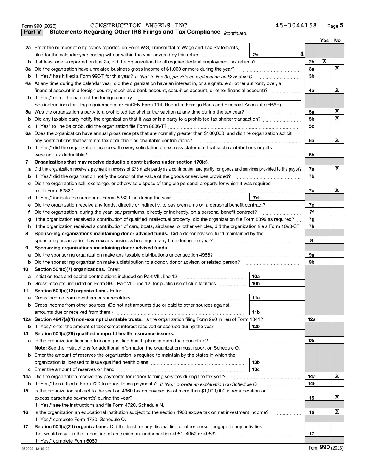 Page 5 of the Construction Angels 2025 Form 990