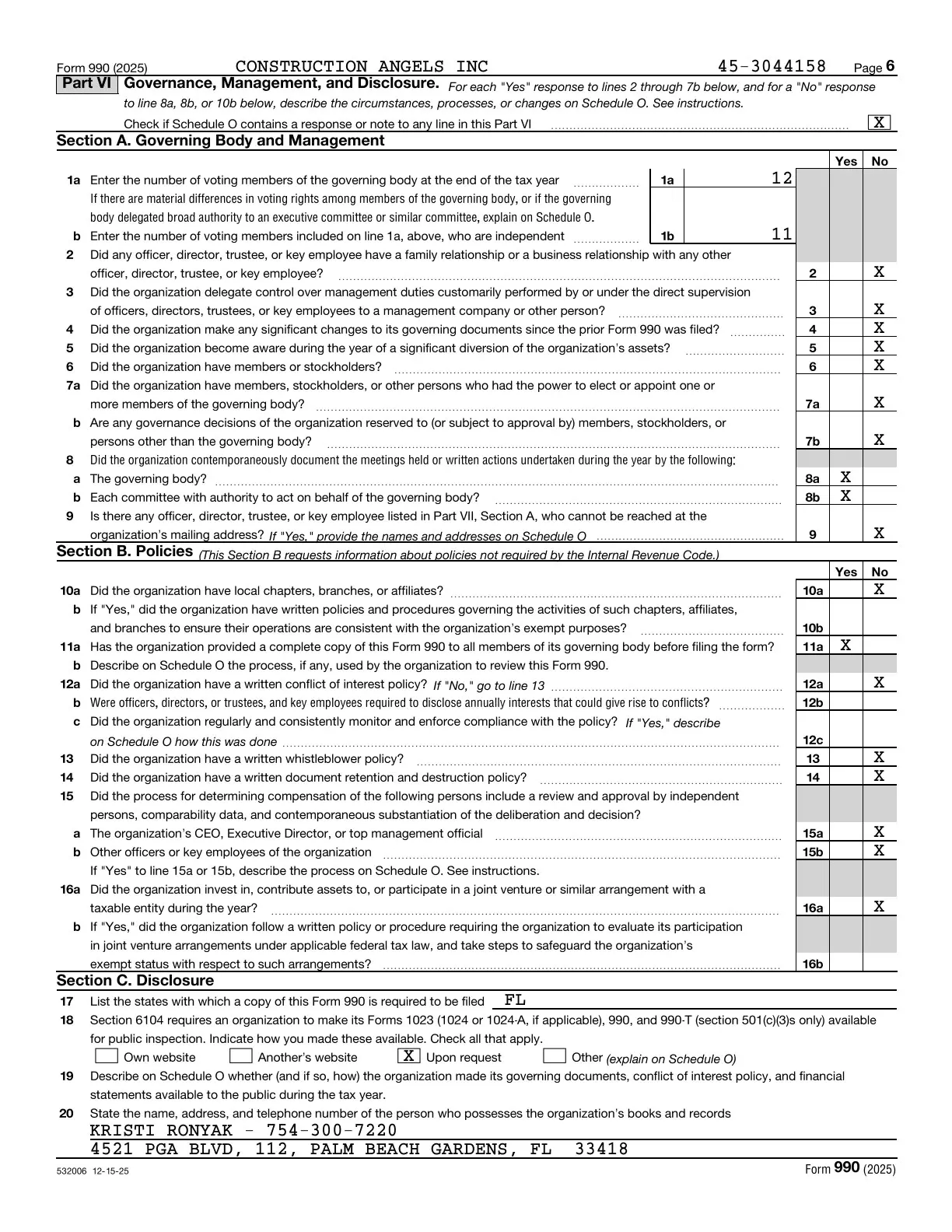 Page 6 of the Construction Angels 2025 Form 990