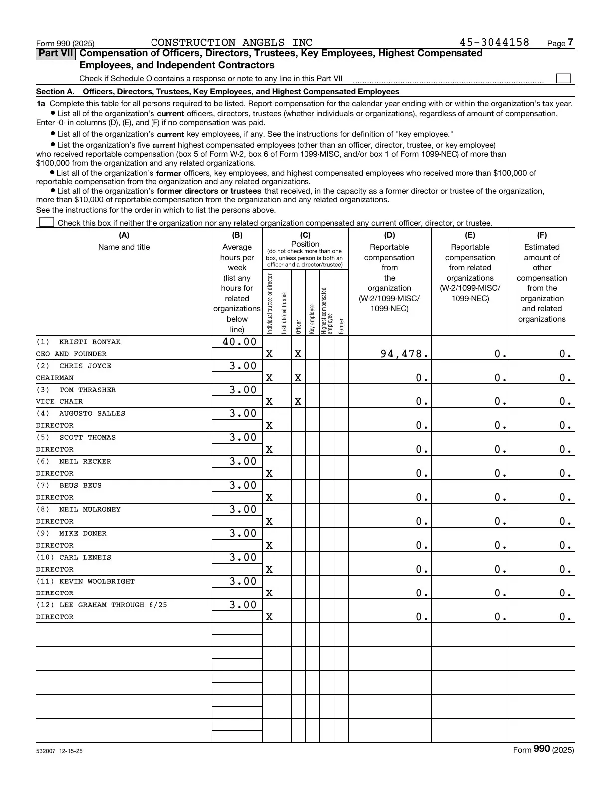 Page 7 of the Construction Angels 2025 Form 990