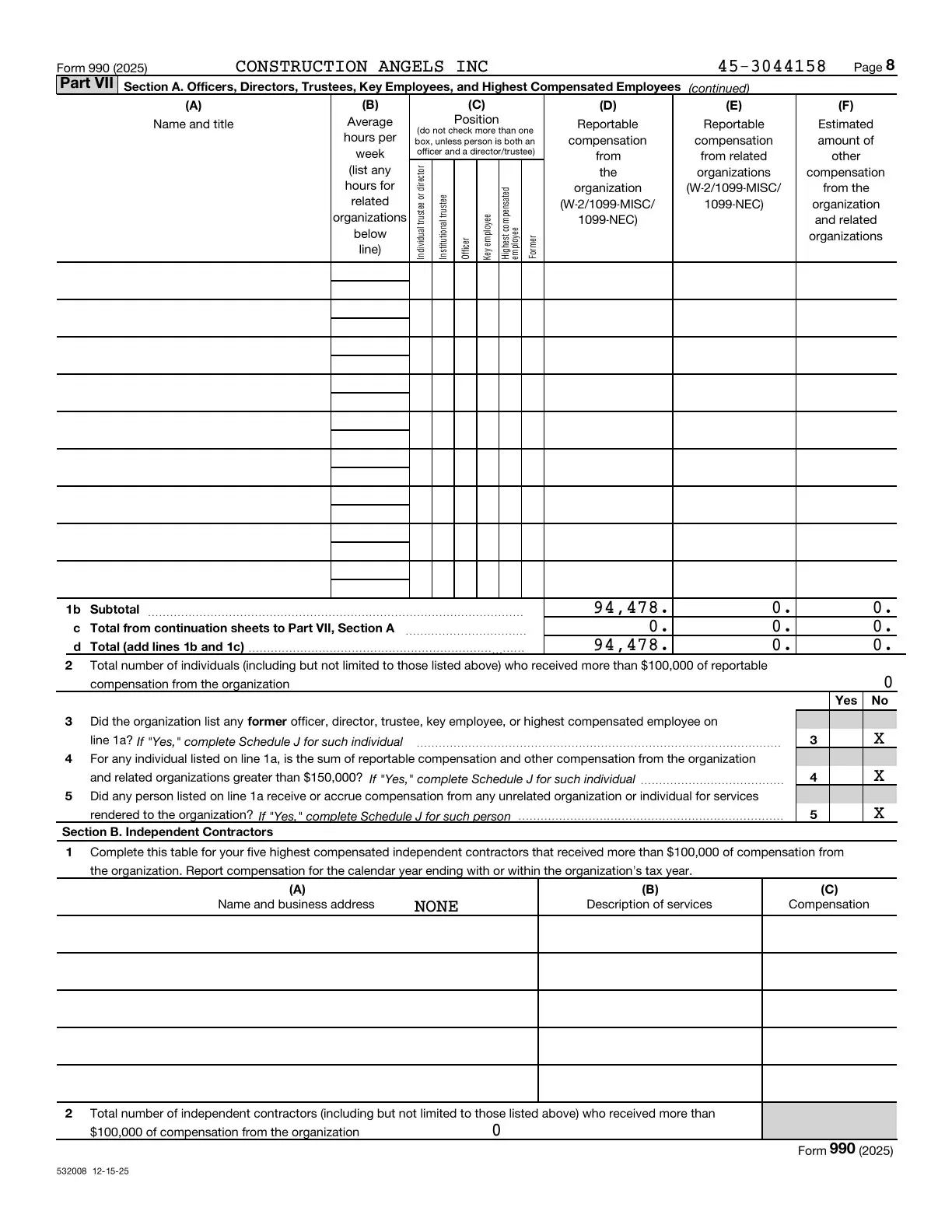 Page 8 of the Construction Angels 2025 Form 990