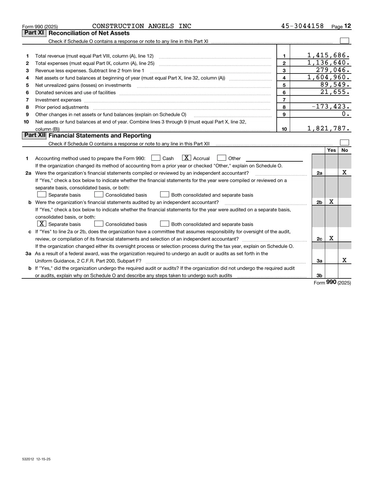 Page 12 of the Construction Angels 2025 Form 990