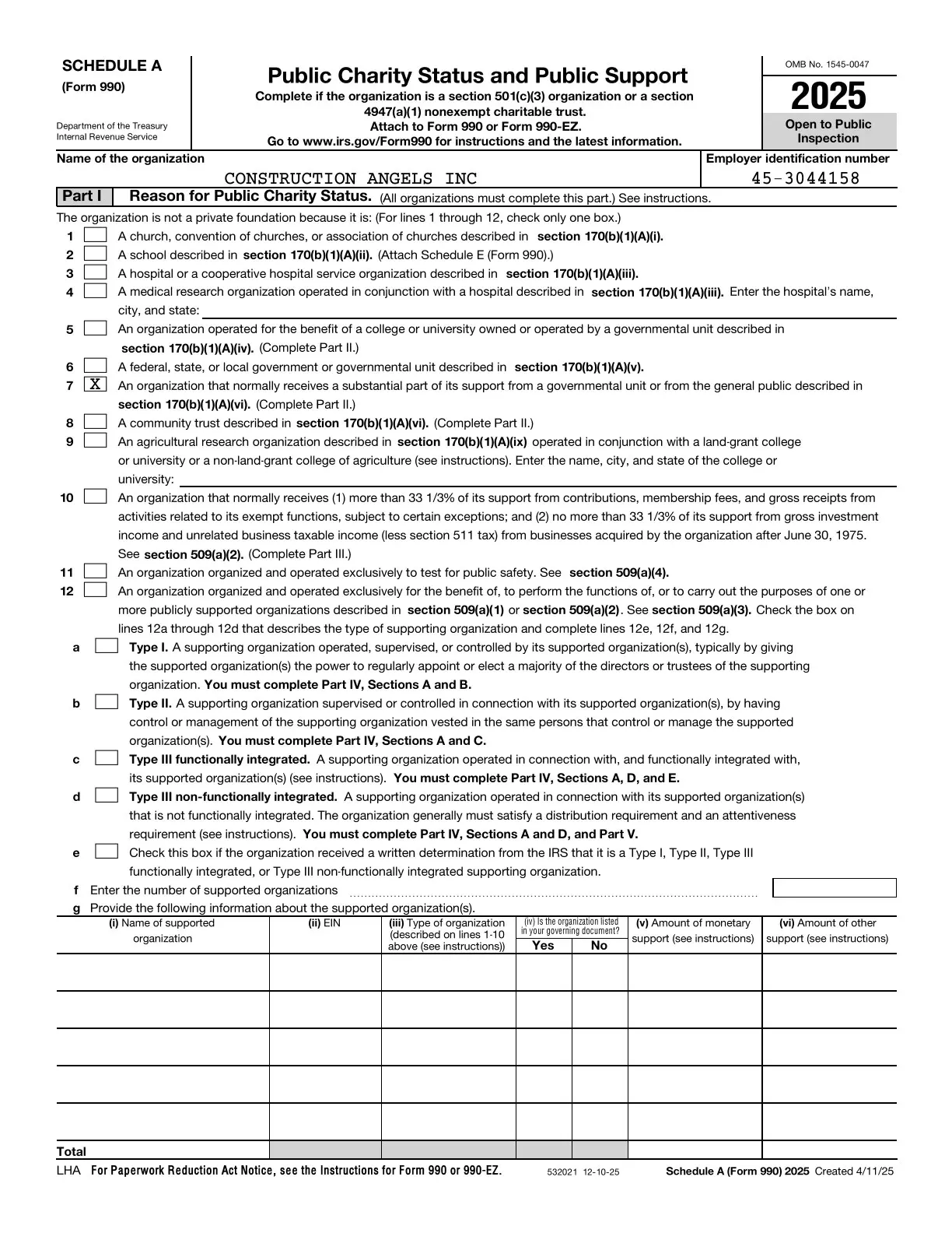 Page 13 of the Construction Angels 2025 Form 990