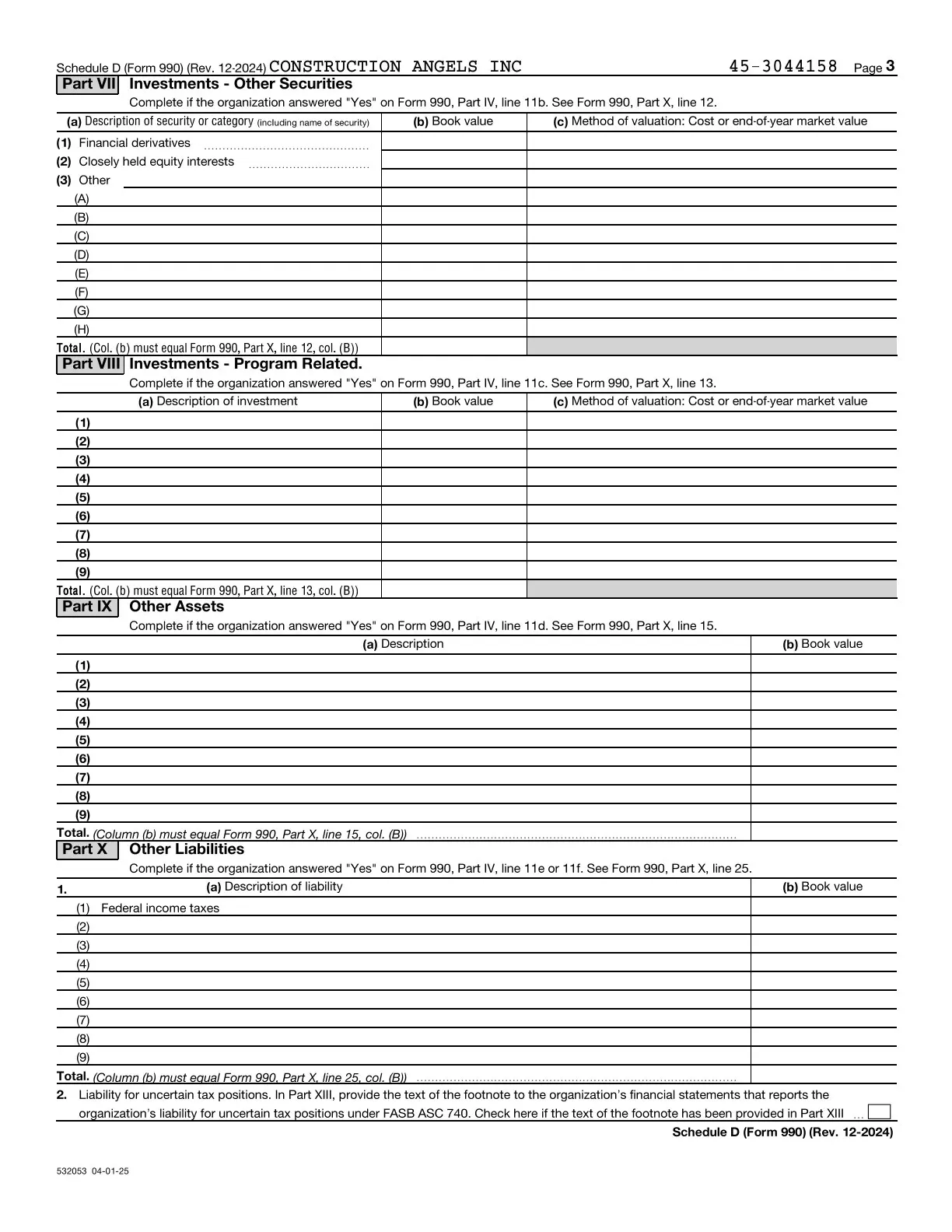 Page 23 of the Construction Angels 2025 Form 990