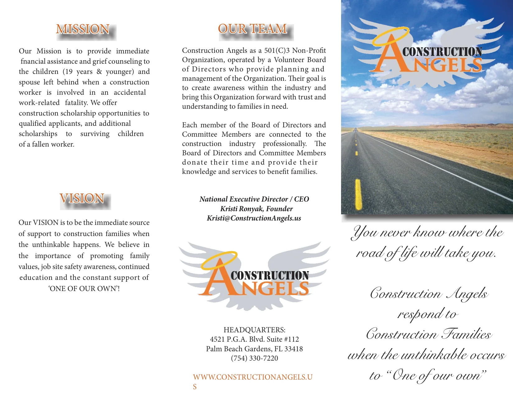 Original Construction Angels mission brochure, front page: mission, vision, team, contact information and artwork