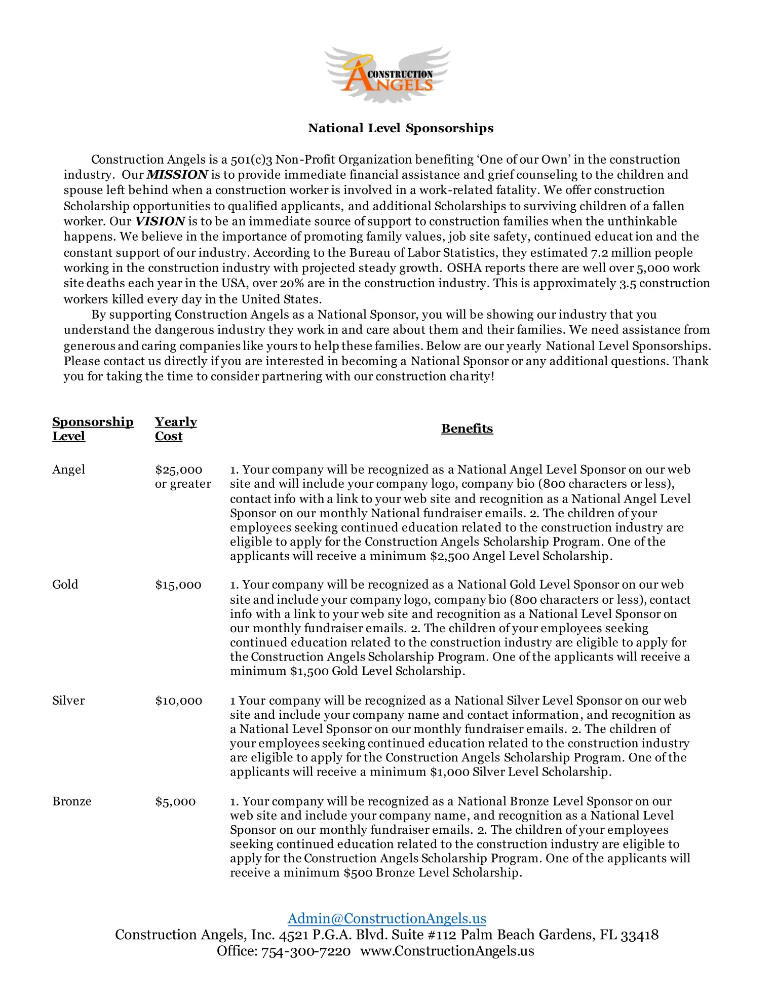 Construction Angels national sponsorship levels information sheet