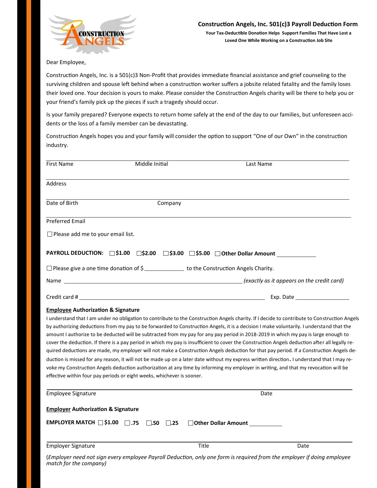 Construction Angels employee payroll deduction authorization form
