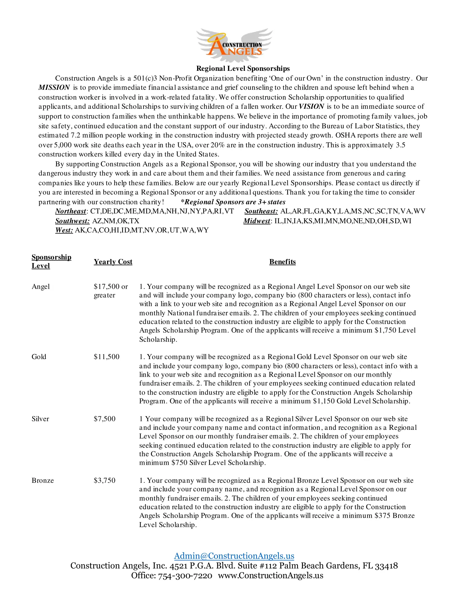 Construction Angels regional sponsorship levels information sheet