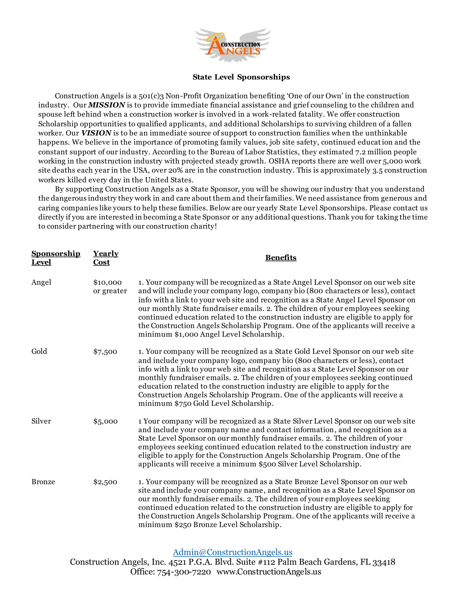 Construction Angels state sponsorship levels information sheet