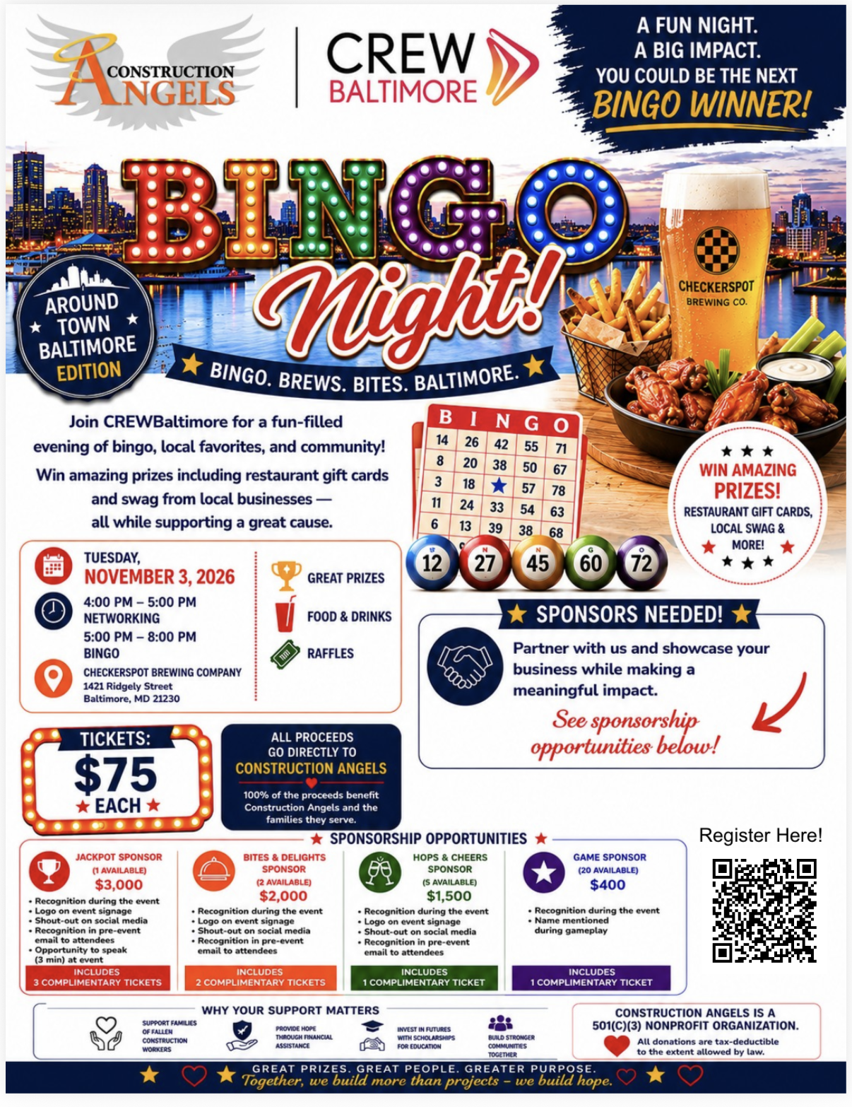 Flyer for CREW Baltimore Bingo Night! 2026