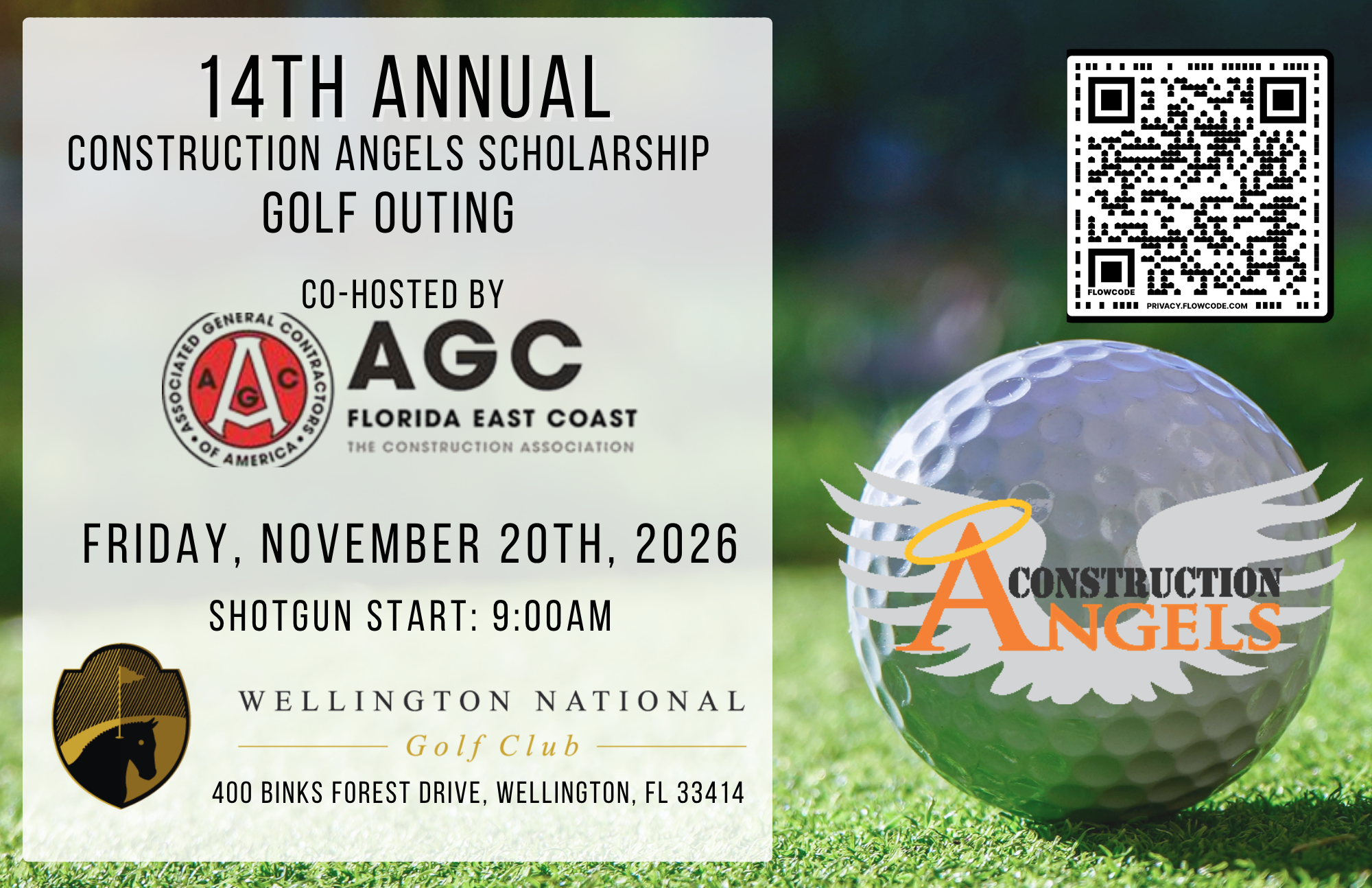 Flyer for 14th Annual Charity Scholarship Golf Tournament, hosted by AGC FEC 2026